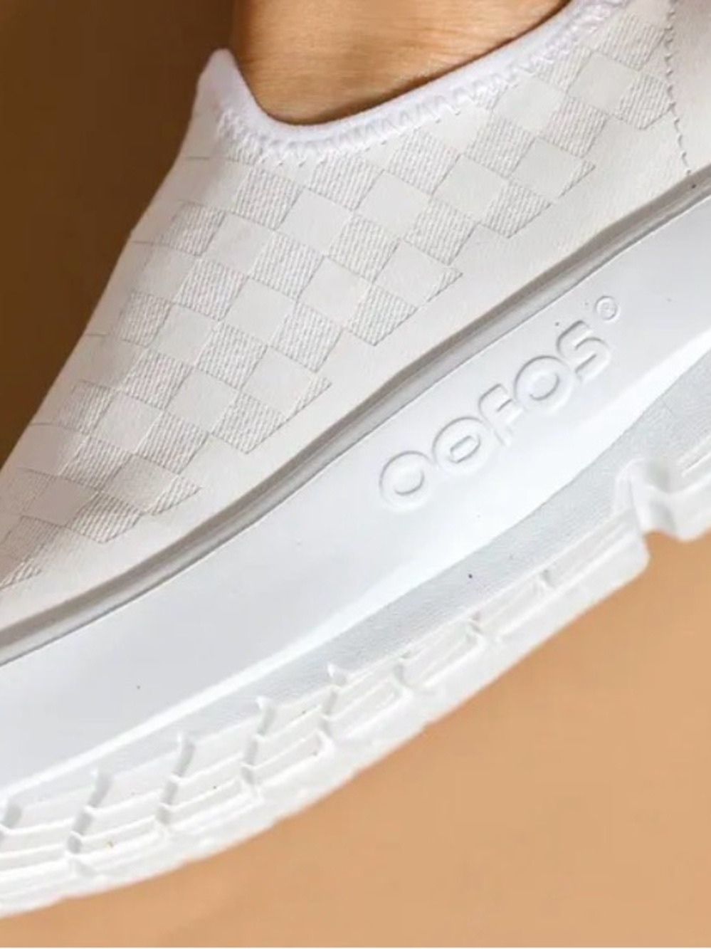 OOFOS White Slip-On Shoes with Neon Green Insole